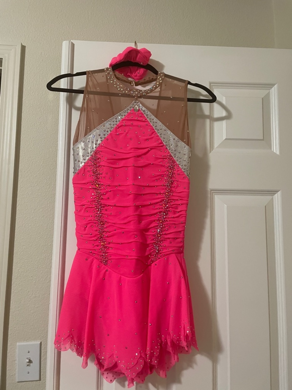Women’s Hot Pink Figure Skating Dress with Silver Accents
